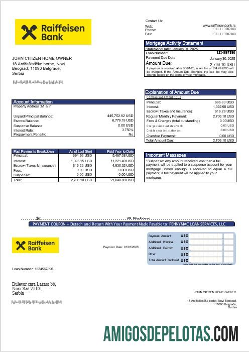 Declaração de hipoteca do Banco Raiffeisen da Sérvia em formatos Word e PDF amostra